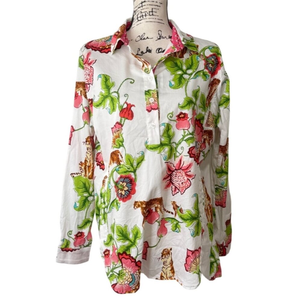 Shirtails Kitty Tunic Button-Up Top Women Size M Floral Tiger White Pink Cotton